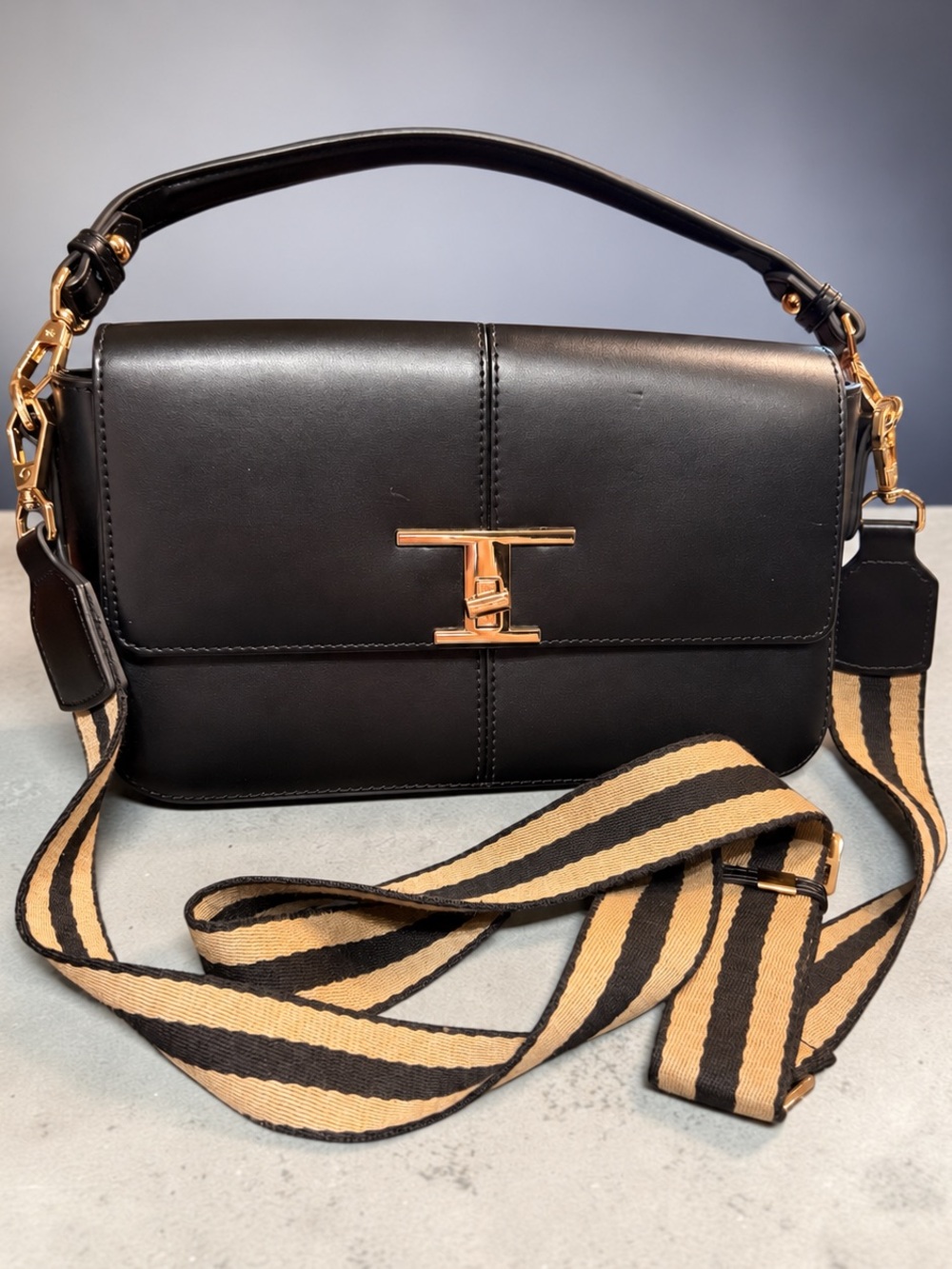 Black Leather Top-Handle Shoulder Bag with Gold Hardware
